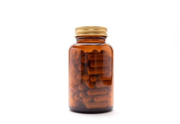 Isolated Brown Glass Bottle Softgel Capsules Slippery Elm Whitet Background — Stock Photo, Image