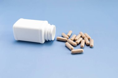 Dağınık haplar, kaygan karaağaç kapsülleri, beyaz şişe, mavi arka plandaki konteynır. Beslenme desteği, ilave, ilaç. Ulmus Fulva, Bitkisel Çözüm Konsepti. Yatay Düzlem.