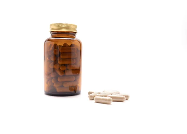Isolated Dark Glass Bottle Softgel Capsules Pills Slippery Elm Whitet — Stock Photo, Image