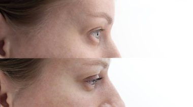 Beyaz tenli güzel bir kadının kirpiklerinden önce ve sonra, yakın plan. Profil Kenarı. Yatay düzlem. Yüksek kalite fotoğraf