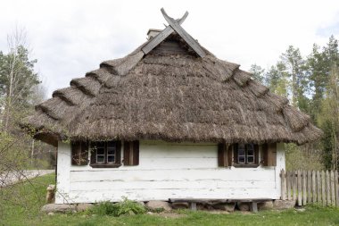 Samanla kaplı eski beyaz ahşap ev, Meadow 'da çatılı çatı, açık hava. Kırsal Doğu Avrupa Bölgesi 'ndeki Bungalow Binası, Kırsal Bölge. Yatay Düzlemsel Görüntü Yüksek Kaliteli Fotoğraf.
