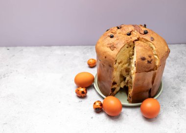 Paskalya Panettone İtalyan Pastası ve renkli Paskalya Tavuğu. Meyveli kek, tatlı ekmek, aslen Milano, İtalya 'dan. Hamur tatlısı. Pasqua Hıristiyan Kültür Tatili. Kopyalama Uzayı, Yatay