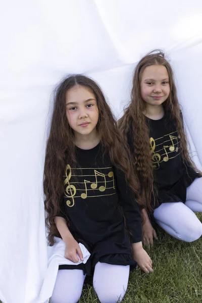 Két Kislány Hosszú Hajú Nővérek Akik Alatt Szórakoznak Parkban Sátrat — Stock Fotó