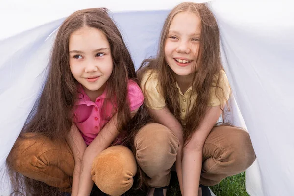 Két Aranyos Kis Nővér Hosszú Hajjal Fehér Lepedő Alatt Réten — Stock Fotó