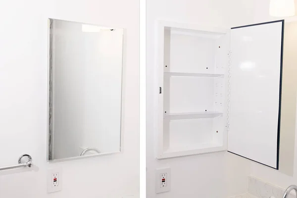 Empty Bathroom Medicine Cabinet With Mirror Open And Closed, White Walls. Pills And Drug Medicament Container Mockup. Open Mirror Door Stand. Horizontal Plane, Template. High Quality Photo