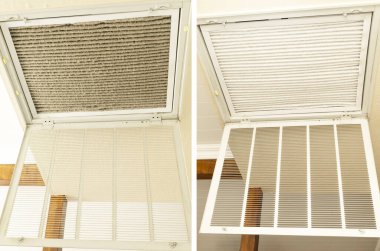 Öncesi ve sonrası. Temiz ve Kirli Paslanmaz Çelik Pileli Kalorifer Kalorifer filtresi karbonla. Hava Filtresi Alerjen Azaltma Tozu. Giriş vanası, Ev Kliması. Yatay düzlem. HVAC Sistemi.
