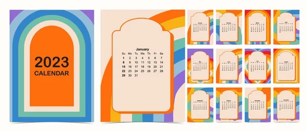 2023 Tabla Calendario Semana Comenzar Domingo Con Groovy Arco Iris — Vector de stock