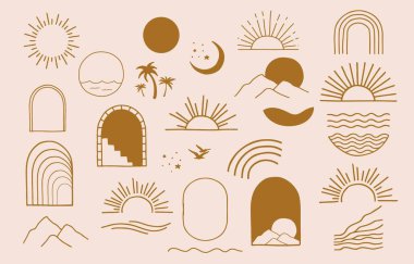 Güneş, deniz, dalga şeklinde çizgi tasarımı koleksiyonu. Web sitesi, etiket, dövme, simge için düzenlenebilir vektör illüstrasyonuName