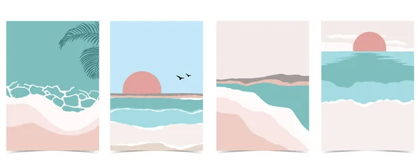 パステルカラーで日中の太陽 海と空とビーチの背景 — ストックベクタ
