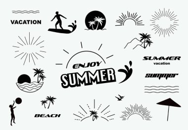 Güneş, deniz ve plajlı yaz tipografisi