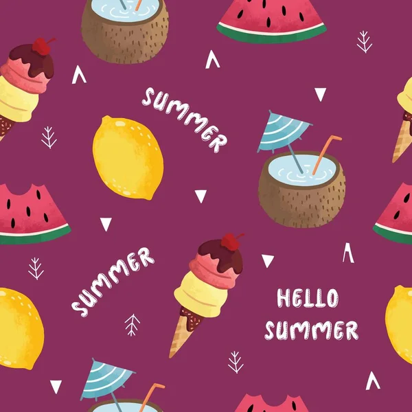 フルーツ スイカ レモンと夏のシームレスなパターンのコレクション 招待状 はがきやウェブサイトのバナーのための編集可能なベクトルイラスト — ストックベクタ