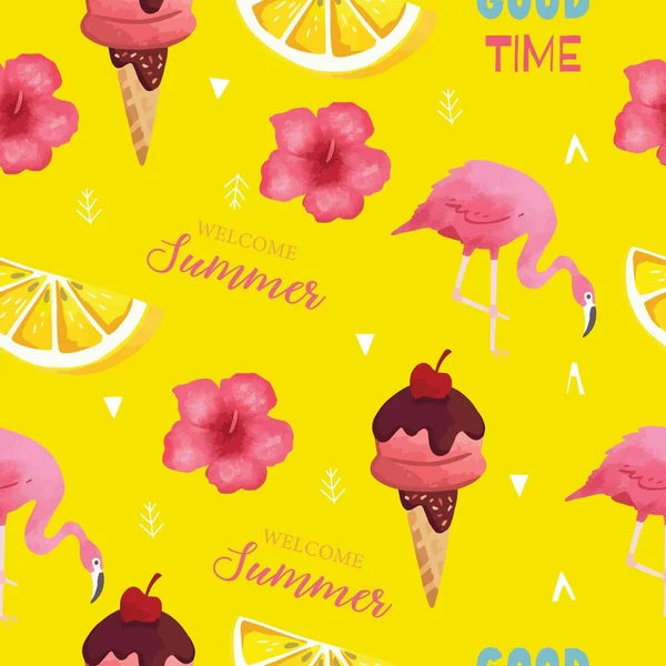 Coleção Padrão Sem Costura Verão Com Abacaxi Flamingo Melancia Ilustração — Vetor de Stock