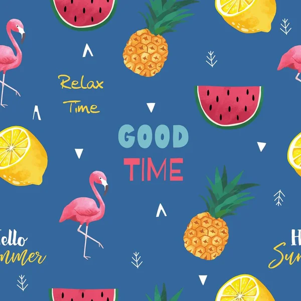 Coleção Padrão Sem Costura Verão Com Frutas Flamingo Limão Ilustração — Vetor de Stock