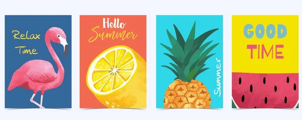 用菠萝 火烈鸟 西瓜收集夏季背景图集 可编辑的邀请函 明信片和网站横幅的矢量插图 — 图库矢量图片