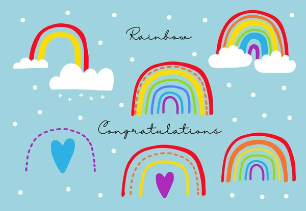 Vivid Rainbow Set Cloud Snow Illustration Sticker Postcard Birthday Invitation — Stock Vector