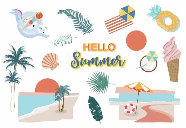Summer Object Beach Sea Tree Sun People Postcard — Stock Vector