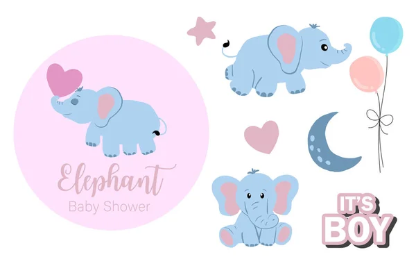 Objet Bébé Éléphant Avec Étoile Coeur Ballon Pour Carte Postale — Image vectorielle