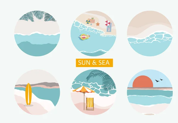 Kumlu Yaz Nesneleri Koleksiyonu Simge Etiket Yazdırılabilir Kartpostal Davetiye Için — Stok Vektör