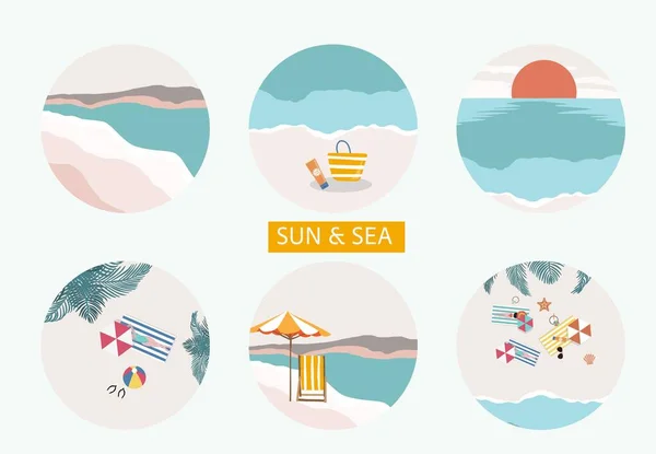 海と夏のオブジェクトのコレクション アイコン ステッカー 印刷可能な はがきや招待状のベクトルイラスト — ストックベクタ