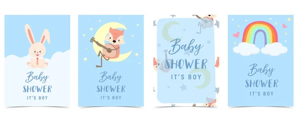 Cartão Convite Para Chá Bebê Para Menino Com Coelho Raposa —  Vetores de Stock