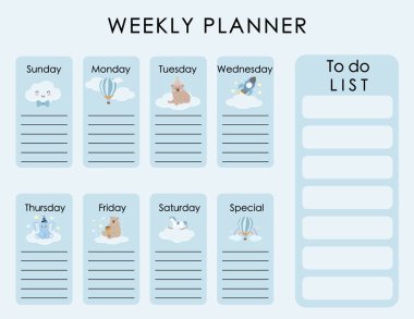 Bulut, balon, gökyüzü ile sevimli günlük planlayıcı arka planı. Çocuk ve bebek için vektör illüstrasyonu. Düzenlenebilir element