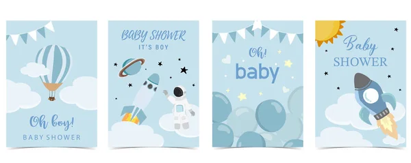 Baby Shower Invitation Card Boy Balloon Cloud Sky Blue — Stock Vector