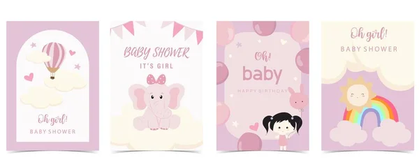 Baby Shower Invitation Card Girl Balloon Cloud Sky Pink — Stock Vector
