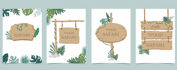 Safari Arkaplan Seti Ahşap Çerçeve Koleksiyonu Doğum Günü Daveti Kartpostal — Stok Vektör