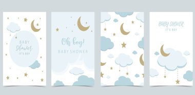 Balonu, bulutu, gökyüzü, mavisi olan erkek için bebek partisi davetiyesi