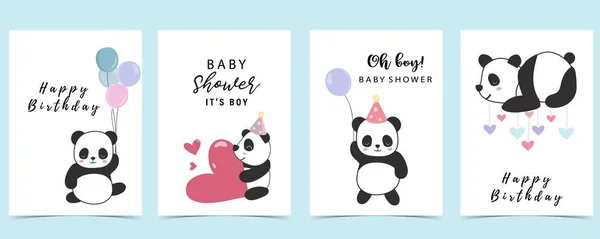 Baby Shower Invitation Card Boy Panda Heart Balloon Blue — Stock Vector