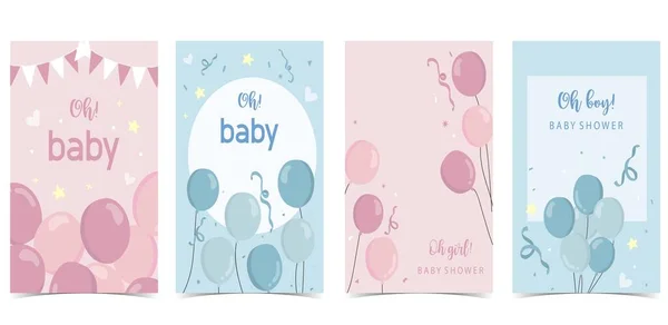 Baby Dusch Inbjudan Kort Med Ballong Moln Himmel Rosa Blå — Stock vektor