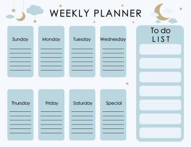 Çocuk ve bebek için haftalık sevimli planlayıcı arka planı, bulut, ay, gökyüzü. Düzenlenebilir element