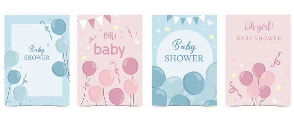 Baby Dusch Inbjudan Kort Med Ballong Moln Himmel Rosa Blå — Stock vektor