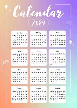 2024 tablo takvimi yılı. Hafta pazar günü dikey dijital ve yazdırılabilir A4 A5 boyutu için kullanılan gradyan biçimle başlar