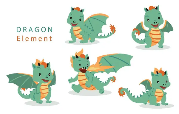 Bonito Dragão Verde Character Vector Ilustração Para Adesivo Elemento Cartão — Vetor de Stock