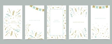 Parti geçmişini konfeti ve ışıltıyla kutlayın. Sosyal medya hikayesi için vektör illüstrasyonu