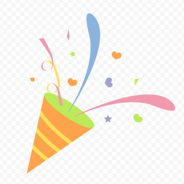 Parti nesnesini parti meraklısı, ışıltılı bir şekilde kutlayın. Kartpostal, çıkartma, çocuk kitabı için vektör illüstrasyonu.