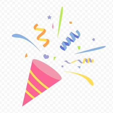 Parti nesnesini parti meraklısı, ışıltılı bir şekilde kutlayın. Kartpostal, çıkartma, çocuk kitabı için vektör illüstrasyonu.