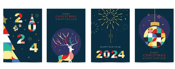 Fondo Geométrico Navidad Con Árbol Navidad Renos Ilustración Vectorial Editable — Archivo Imágenes Vectoriales