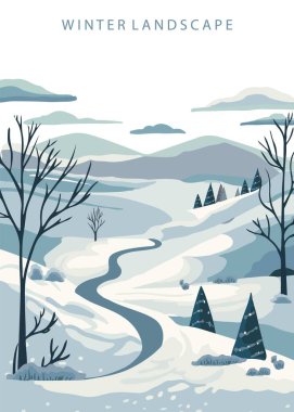 Dağlı, ağaçlı kış manzarası. Posta kartı için düzenlenebilir vektör illüstrasyonu, a4 dikey boyut
