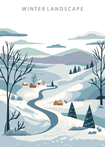 Dağlı, ağaçlı kış manzarası. Posta kartı için düzenlenebilir vektör illüstrasyonu, a4 dikey boyut
