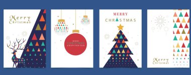 Noel ağacı, ren geyiği ile Noel geometrik arka planı. Kartpostal için düzenlenebilir vektör illüstrasyonu, a4 boyutunda.
