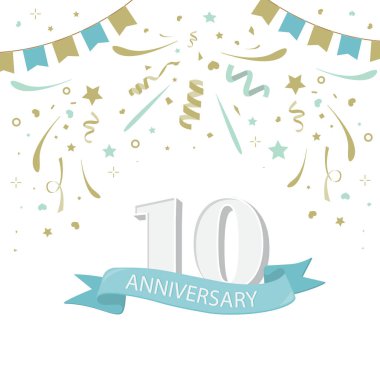 10. yıl dönümünü konfeti, sim ile kutlayın. Kartpostal ve afiş için vektör illüstrasyonu