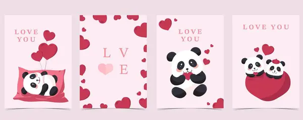 かわいいパンダのバックグラウンドセットバレンタインデーのための心臓 Illustrationベクター — ストックベクタ