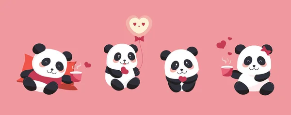 Niedliches Panda Objektset Mit Herz Für Valentinstag Illustrationsvektor Für Postkarte — Stockvektor