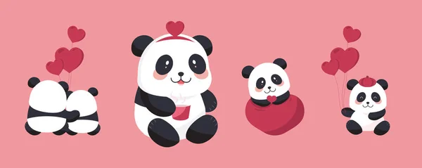 Χαριτωμένο Σετ Αντικείμενο Panda Καρδιά Για Την Ημέρα Του Αγίου — Διανυσματικό Αρχείο