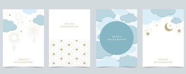 Bulutlu ve yıldızlı dikey a4 tasarımı için parlak mavi bebek arkaplanı
