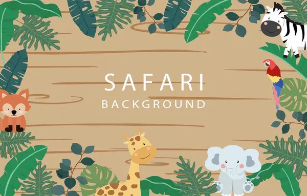 Bannière Safari Avec Girafe Éléphant Zèbre Renard Cadre Feuille — Image vectorielle