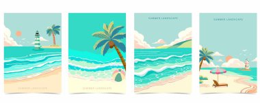 a4 sayfalık tasarım için deniz, kum ve gökyüzü çizim vektörlü plaj arkaplanı