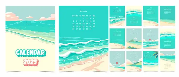 2025 Tabulka Měsíční Kalendářní Týden Začíná Neděli Pláží Která Používá Stock Ilustrace